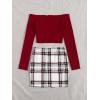 imageFloerns Womens 2 Piece Outfit Off Shoulder Tee Shirt Plaid Print Skirt SetRed
