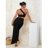 imageFloerns Womens 2 Piece Outfit One Shoulder Crop Top with Split Thigh Skirt SetBlack