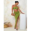 imageFloerns Womens 2 Piece Outfit One Shoulder Crop Top with Split Thigh Skirt SetLime Green