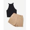 imageFloerns Womens 2 Piece Outfit Sleeveless Rib Knit Halter Top and Shorts SetKhaki