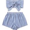 imageFloerns Womens 2 Piece Outfit Striped Print Tie Front Tube Top with Shorts SetBlue and White