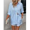 imageFloerns Womens 2 Piece Outfits Striped Long Sleeve Collared Shirt and Shorts SetsBlue