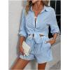 imageFloerns Womens 2 Piece Outfits Striped Long Sleeve Collared Shirt and Shorts SetsBlue