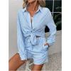 imageFloerns Womens 2 Piece Outfits Striped Long Sleeve Collared Shirt and Shorts SetsBlue