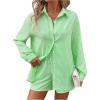 imageFloerns Womens 2 Piece Outfits Striped Long Sleeve Collared Shirt and Shorts SetsGreen