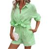 imageFloerns Womens 2 Piece Outfits Striped Long Sleeve Collared Shirt and Shorts SetsGreen