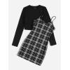 imageFloerns Womens Plus Size Plaid Cami Dress with Long Sleeve Tops Two Piece OutfitBlack and White