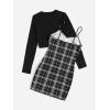 imageFloerns Womens Plus Size Plaid Cami Dress with Long Sleeve Tops Two Piece OutfitBlack and White