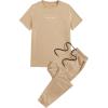 imageFloerns Mens 2 Piece Outfit Letter Print Tee Shirt Drawstring Waist Pants SetKhaki Solid
