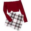imageFloerns Womens 2 Piece Outfit Off Shoulder Tee Shirt Plaid Print Skirt SetRed