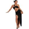 imageFloerns Womens 2 Piece Outfit One Shoulder Crop Top with Split Thigh Skirt SetBlack