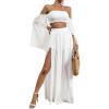 imageFloerns Womens 2 Piece Outfit Solid Off Shoulder Crop Top and Split Thigh Skirt SetWhite