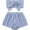 imageFloerns Womens 2 Piece Outfit Striped Print Tie Front Tube Top with Shorts SetBlue and White