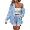 imageFloerns Womens 2 Piece Outfits Striped Long Sleeve Collared Shirt and Shorts SetsBlue