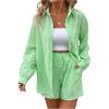 imageFloerns Womens 2 Piece Outfits Striped Long Sleeve Collared Shirt and Shorts SetsGreen