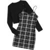 imageFloerns Womens Plus Size Plaid Cami Dress with Long Sleeve Tops Two Piece OutfitBlack and White
