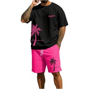 imageFloerns Mens 2 Piece Boho Outfit Tree Print Tee Shirt with Beach Shorts SetHot Pink