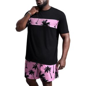 imageFloerns Mens 2 Piece Boho Outfit Tree Print Tee Shirt with Beach Shorts SetPink