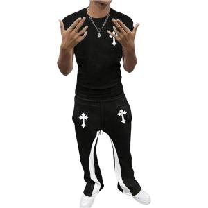 imageFloerns Mens 2 Piece Outfit Letter Print Tee Shirt Drawstring Waist Pants SetBlack and White