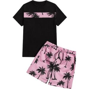 imageFloerns Mens Shirt and Shorts 2 Piece Sets Graphic Print Beach OutfitsBlack Pink