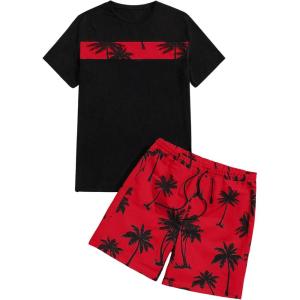 imageFloerns Mens Shirt and Shorts 2 Piece Sets Graphic Print Beach OutfitsRed
