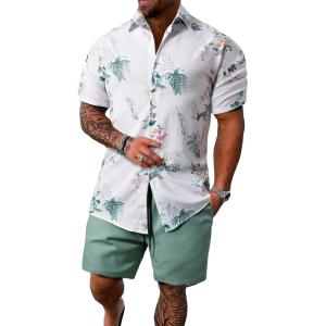 imageFloerns Mens Two Piece Outfit Short Sleeve Button Down Shirt and Shorts SetWhite
