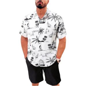 imageFloerns Mens Two Piece Outfit Short Sleeve Button Down Shirt and Shorts SetWhite and Black