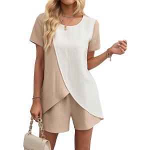 imageFloerns Womens 2 Piece Colorblock Wrap Short Sleeve Blouse and Mini Shorts SetApricot