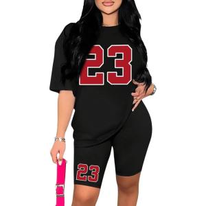 imageFloerns Womens 2 Piece Outfit Letter Graphic Print T Shirt and Leggings Shorts SetBlack