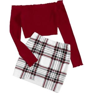 imageFloerns Womens 2 Piece Outfit Off Shoulder Tee Shirt Plaid Print Skirt SetRed