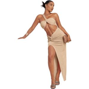 imageFloerns Womens 2 Piece Outfit One Shoulder Crop Top with Split Thigh Skirt SetApricot