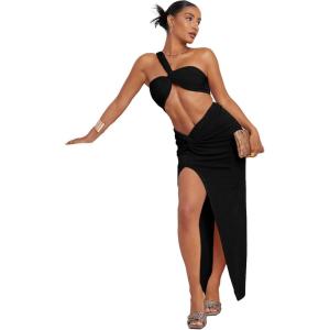 imageFloerns Womens 2 Piece Outfit One Shoulder Crop Top with Split Thigh Skirt SetBlack