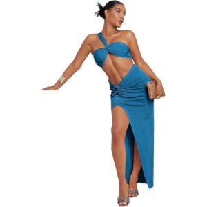imageFloerns Womens 2 Piece Outfit One Shoulder Crop Top with Split Thigh Skirt SetBlue