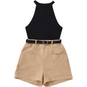 imageFloerns Womens 2 Piece Outfit Sleeveless Rib Knit Halter Top and Shorts SetKhaki