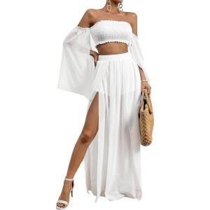 imageFloerns Womens 2 Piece Outfit Solid Off Shoulder Crop Top and Split Thigh Skirt SetWhite