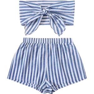 imageFloerns Womens 2 Piece Outfit Striped Print Tie Front Tube Top with Shorts SetBlue and White