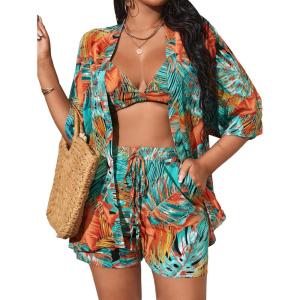 imageFloerns Womens 3 Piece Outfit Kimono Cardigan Crop Cami Top with Shorts Set Blue Tropical M