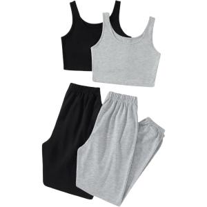 imageFloerns Womens 4 Pieces Outfit Scoop Neck Crop Tank Top and Sweatpants SetBlack Grey