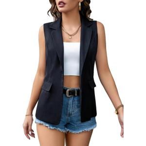 imageFloerns Womens Lapel Collar Open Front Sleeveless Flap Pocket Vest BlazerBlack