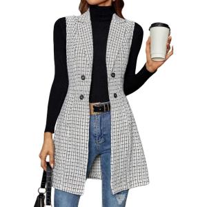 imageFloerns Womens Plaid Print Button Front Sleeveless Lapel Collar Blazer JacketA White