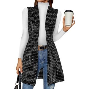 imageFloerns Womens Plaid Print Button Front Sleeveless Lapel Collar Blazer JacketBlack