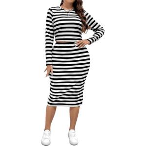 imageFloerns Womens Plus Size 2 Piece Outfit Long Sleeve Tee Top with Skirts SetBlack and White