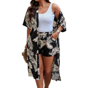imageFloerns Womens Plus Size 2 Piece Outfit Tropical Print Kimono and Shorts SetBlack