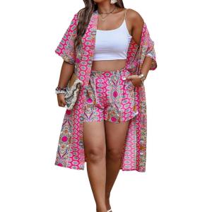 imageFloerns Womens Plus Size All Over Print Open Front Kimono with Shorts SetPink