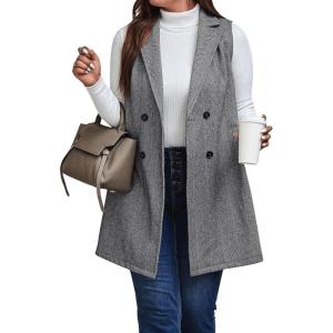 imageFloerns Womens Plus Size Sleeveless Lapel Neck Double Breasted Office Vest BlazerGrey