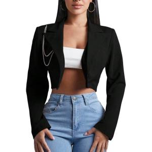 imageFloerns Womens Single Breasted Cropped Top Collared Long Sleeve Blazer JacketBlack