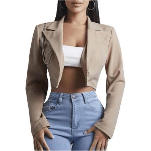 imageFloerns Womens Single Breasted Cropped Top Collared Long Sleeve Blazer JacketKhaki