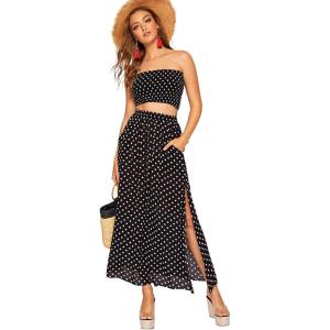 imageFloerns Womens Summer Printed 2 Piece Outfit Crop Tube Tops and Split Long Skirt Set Black New S