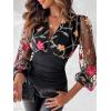 imageFloerns Womens Floral Embroidery Mesh Deep V Neck Puff Long Sleeve Blouse TopBlack