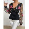 imageFloerns Womens Floral Embroidery Mesh Deep V Neck Puff Long Sleeve Blouse TopBlack